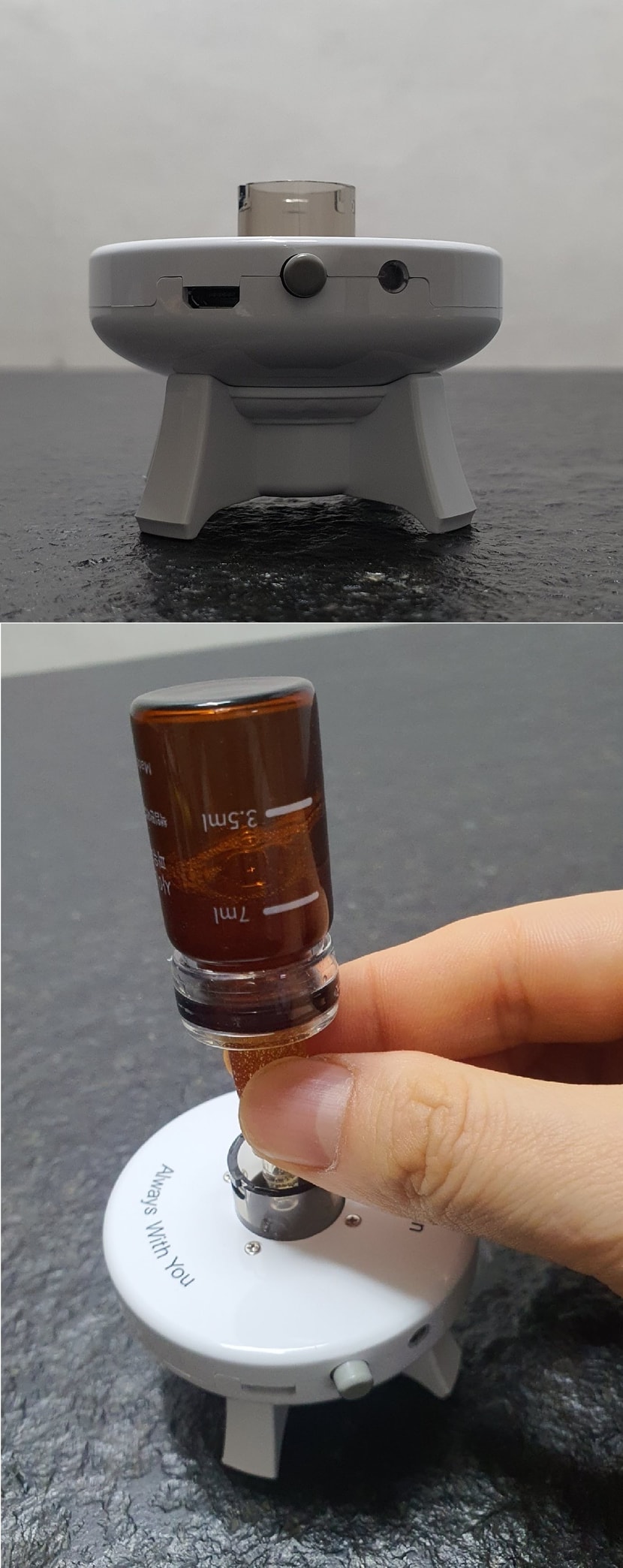 홈에 맞춰 결합한 뒤 거치대에 올려놓고 사이토카닉 토닉을 3.5ml 넣기