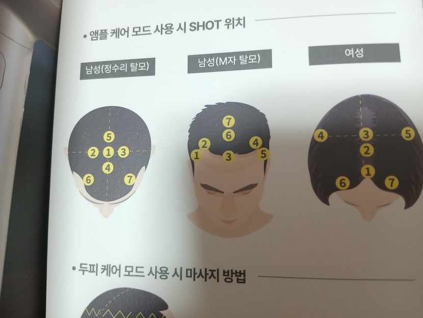 샷 버튼을 눌러 고민되는 탈모 부위에 분사합니다.
