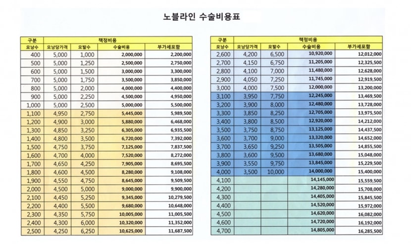 노블라인 사이트에서 캡쳐한 비용표
